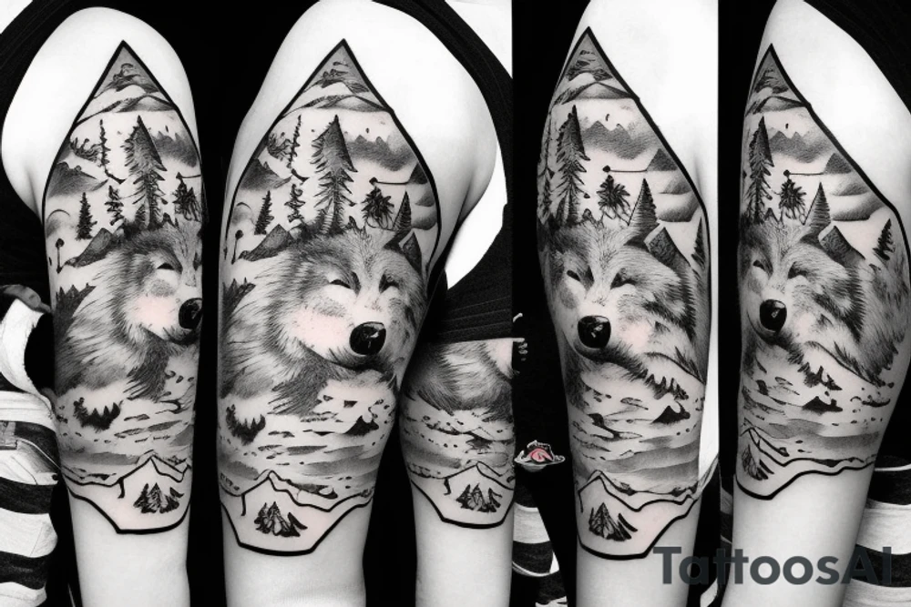 Bottom of the hand forest with a wolf and on top of the mountain with a bear tattoo idea