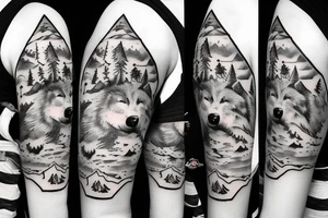 Bottom of the hand forest with a wolf and on top of the mountain with a bear tattoo idea