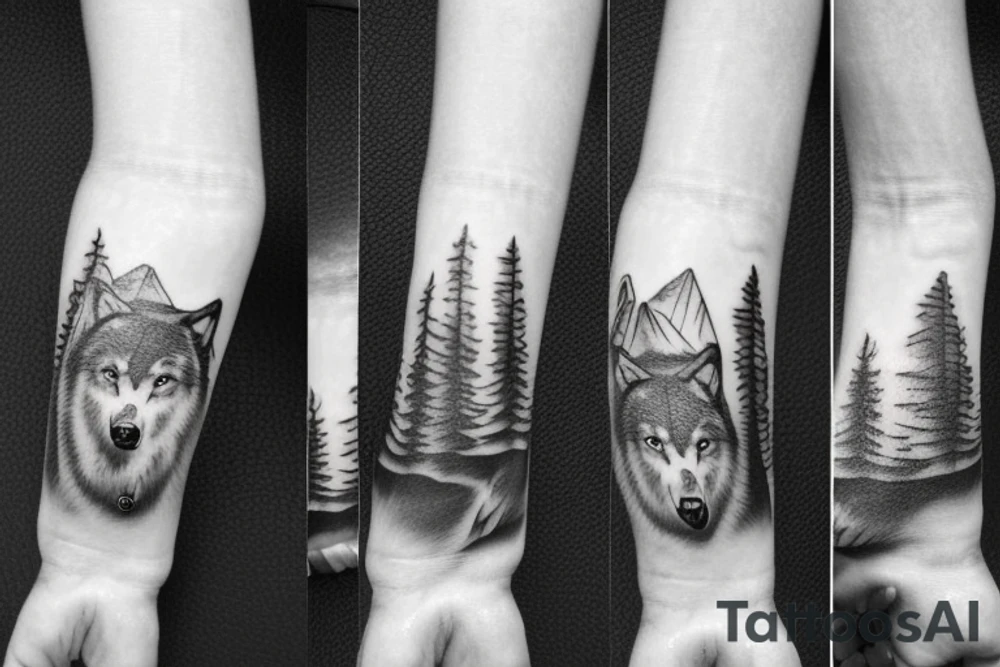 Bottom of the hand forest with a wolf and on top of the mountain with a bear tattoo idea