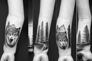Bottom of the hand forest with a wolf and on top of the mountain with a bear tattoo idea