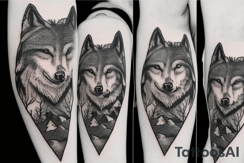 Bottom of the hand forest with a wolf and on top of the mountain with a bear tattoo idea