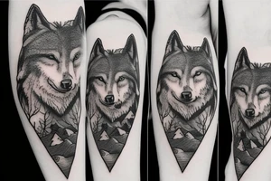 Bottom of the hand forest with a wolf and on top of the mountain with a bear tattoo idea