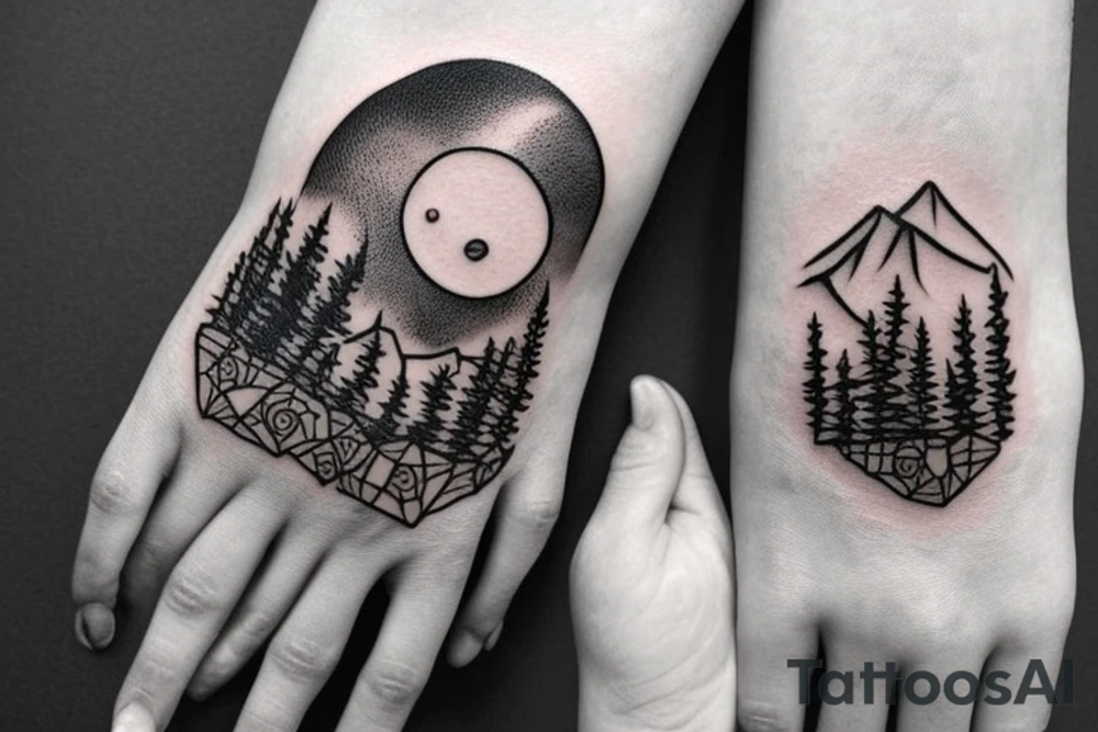 Bottom of the hand forest with a wolf and on top of the hand of the mountain with a bear tattoo idea