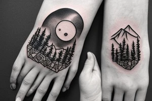 Bottom of the hand forest with a wolf and on top of the hand of the mountain with a bear tattoo idea