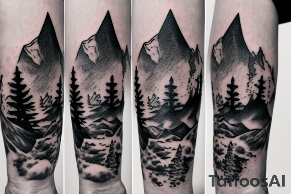 Bottom of the hand forest with a wolf and on top of the hand of the mountain with a bear tattoo idea