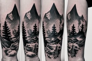 Bottom of the hand forest with a wolf and on top of the hand of the mountain with a bear tattoo idea