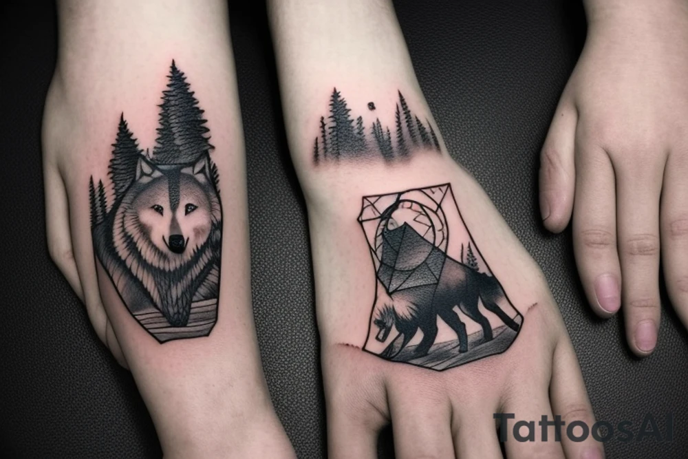Bottom of the hand forest with a wolf and on top of the hand of the mountain with a bear tattoo idea
