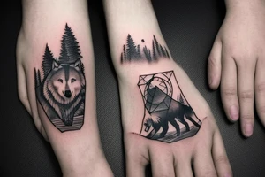 Bottom of the hand forest with a wolf and on top of the hand of the mountain with a bear tattoo idea
