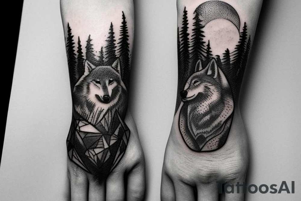 Bottom of the hand forest with a wolf and on top of the hand of the mountain with a bear tattoo idea