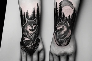 Bottom of the hand forest with a wolf and on top of the hand of the mountain with a bear tattoo idea