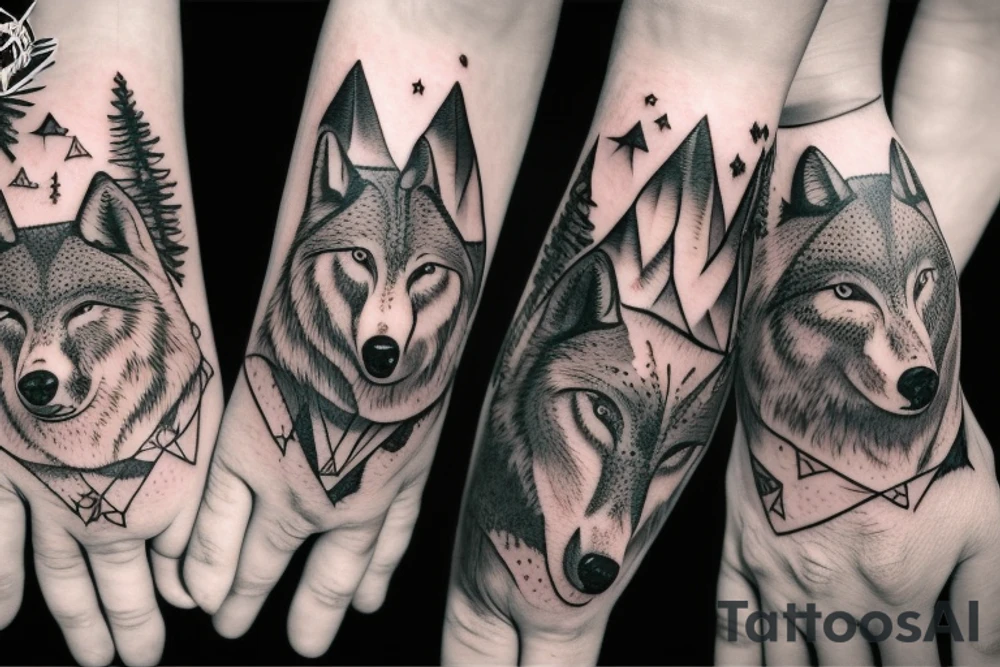 Bottom of the hand forest with a wolf and on top of the hand of the mountain with a bear tattoo idea