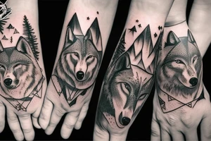 Bottom of the hand forest with a wolf and on top of the hand of the mountain with a bear tattoo idea