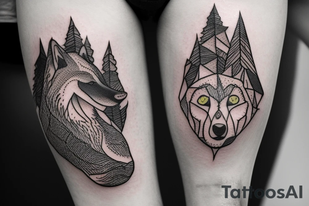 Bottom of the hand forest with a wolf and on top of the hand of the mountain with a bear tattoo idea