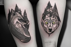 Bottom of the hand forest with a wolf and on top of the hand of the mountain with a bear tattoo idea