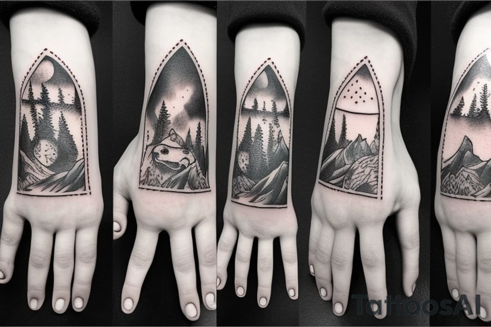 Bottom of the hand forest with a wolf and on top of the hand of the mountain with a bear tattoo idea