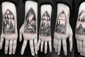 Bottom of the hand forest with a wolf and on top of the hand of the mountain with a bear tattoo idea