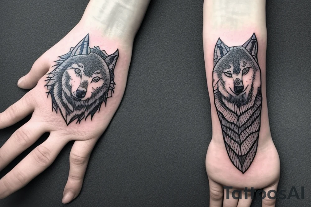 Bottom of the hand forest with a wolf and on top of the hand of the mountain with a bear tattoo idea