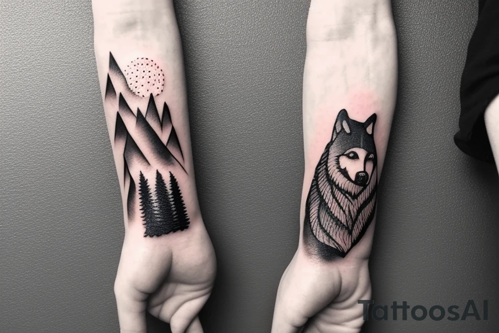 Bottom of the hand forest with a wolf and on top of the hand of the mountain with a bear tattoo idea