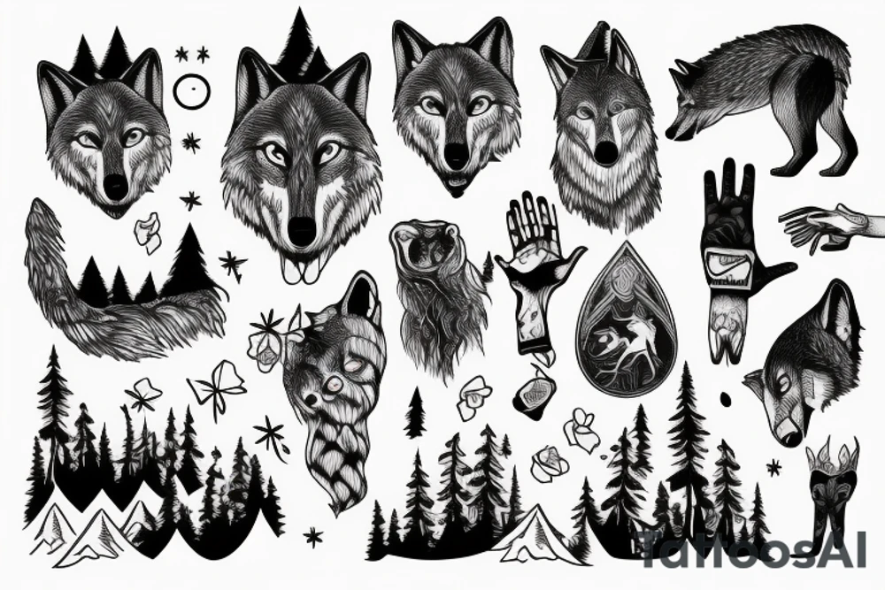 Bottom of the hand forest with a wolf and on top of the hand of the mountain with a bear tattoo idea