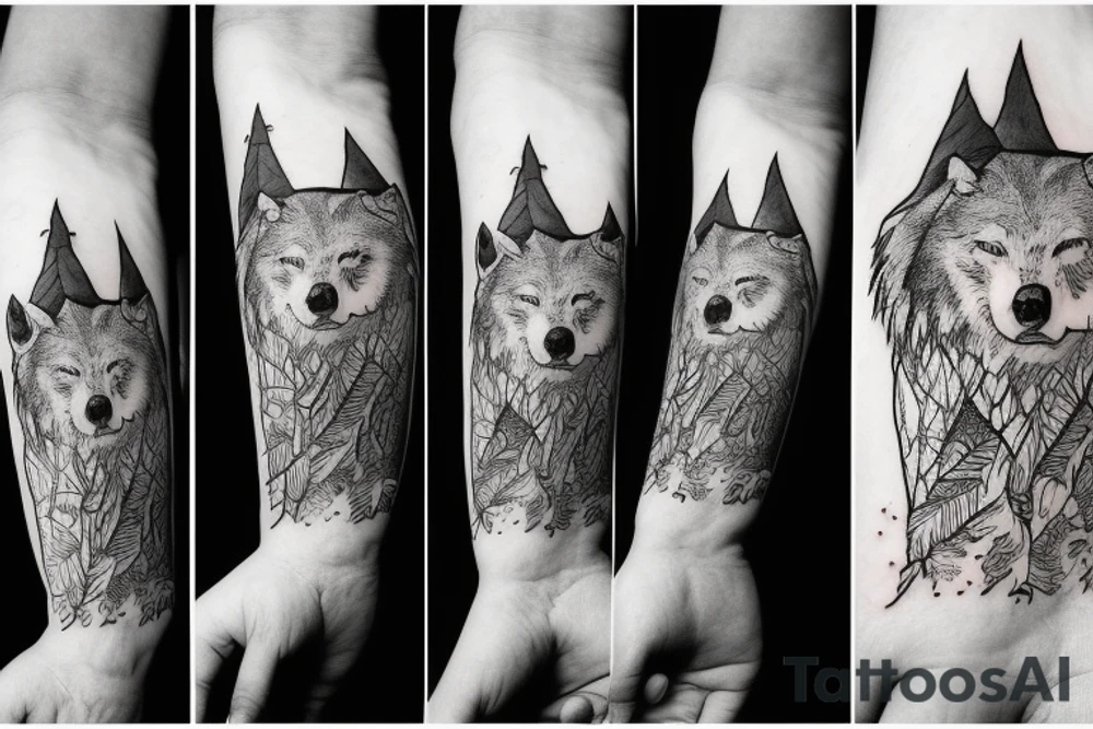 Bottom of the hand forest with a wolf and on top of the hand of the mountain with a bear tattoo idea