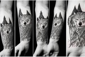 Bottom of the hand forest with a wolf and on top of the hand of the mountain with a bear tattoo idea