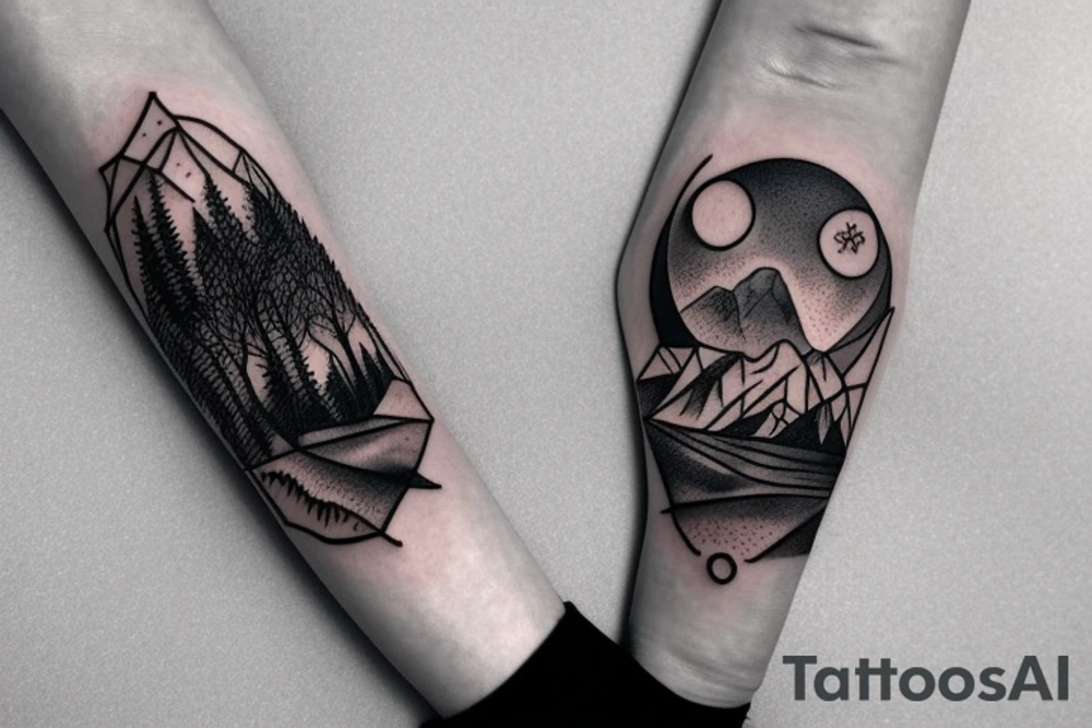 Bottom of the hand forest with a wolf and on top of the hand of the mountain with a bear tattoo idea