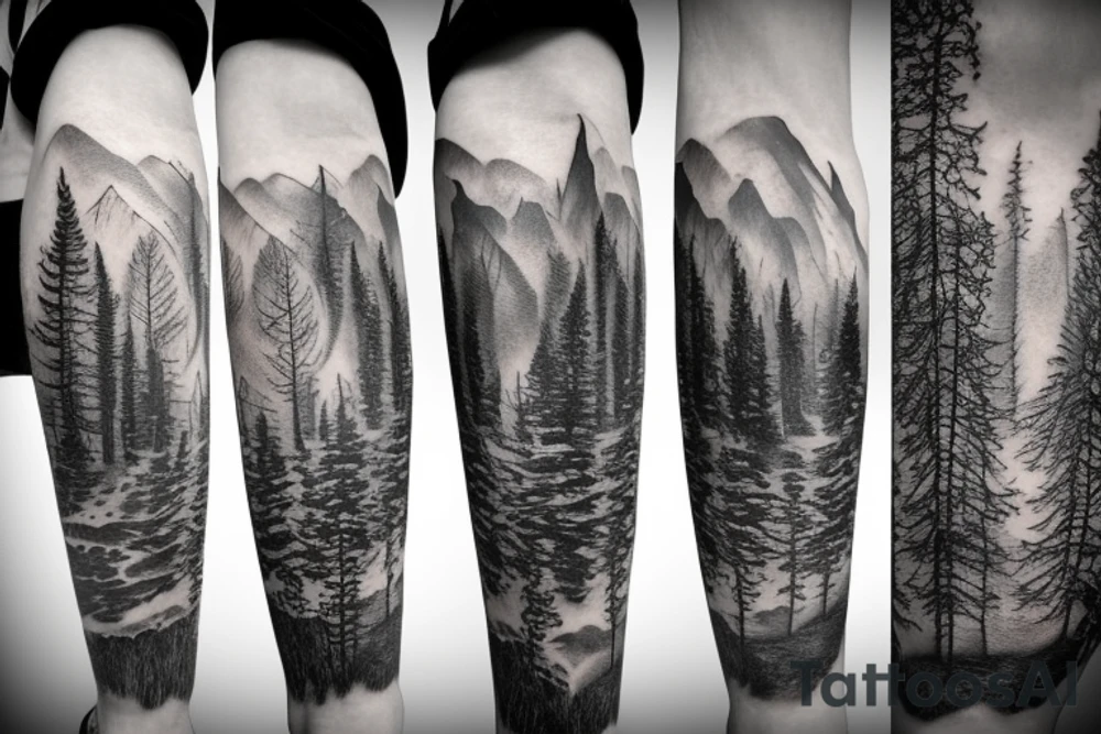 Arm with animals, forest, mountains tattoo idea