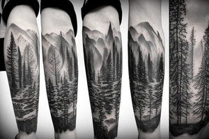 Arm with animals, forest, mountains tattoo idea