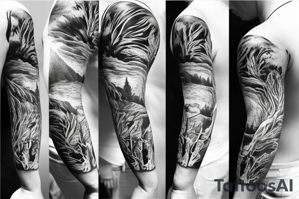 Arm with animals, forest, mountains tattoo idea