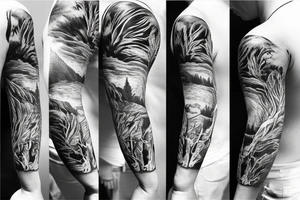 Arm with animals, forest, mountains tattoo idea