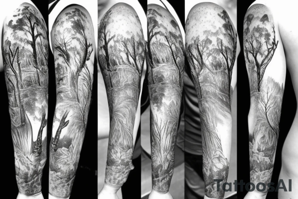 Arm with animals, forest, mountains tattoo idea
