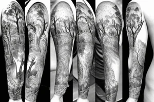 Arm with animals, forest, mountains tattoo idea