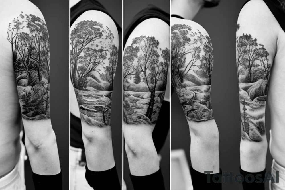 Arm with animals, forest, mountains tattoo idea