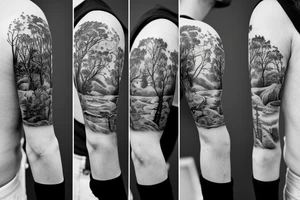 Arm with animals, forest, mountains tattoo idea