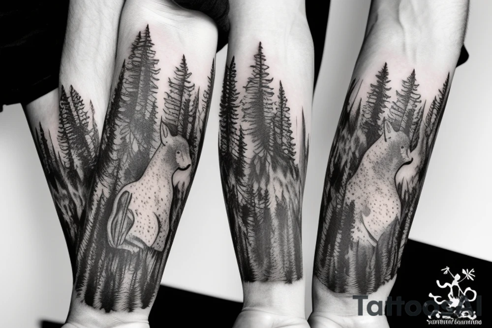 Arm with animals, forest, mountains tattoo idea