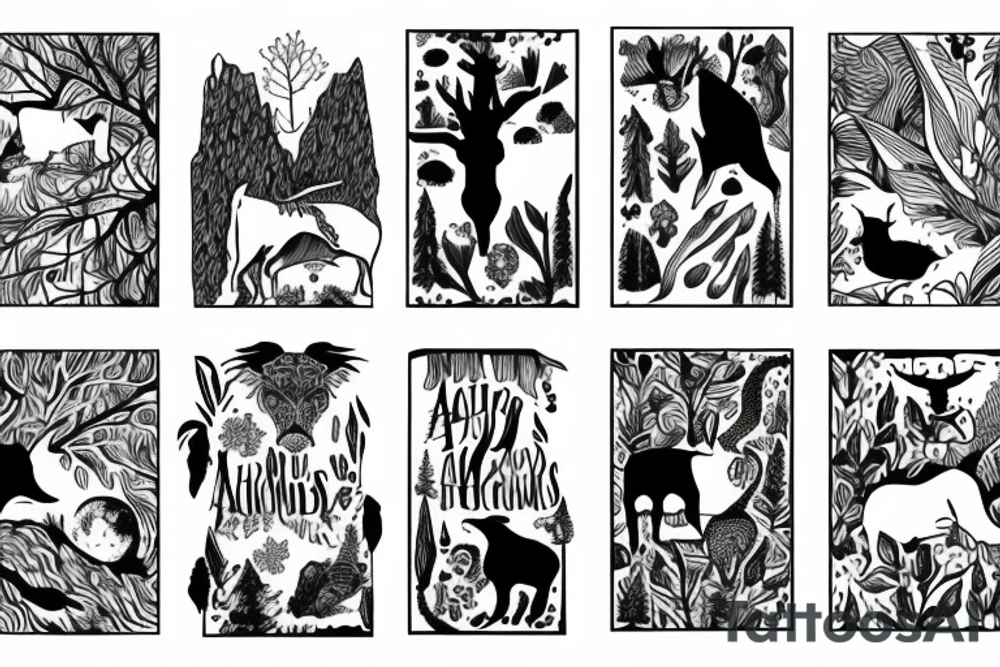 Arm with animals, forest, mountains tattoo idea