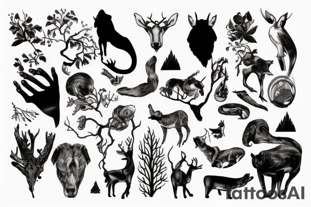 Arm with animals, forest, mountains tattoo idea