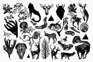 Arm with animals, forest, mountains tattoo idea