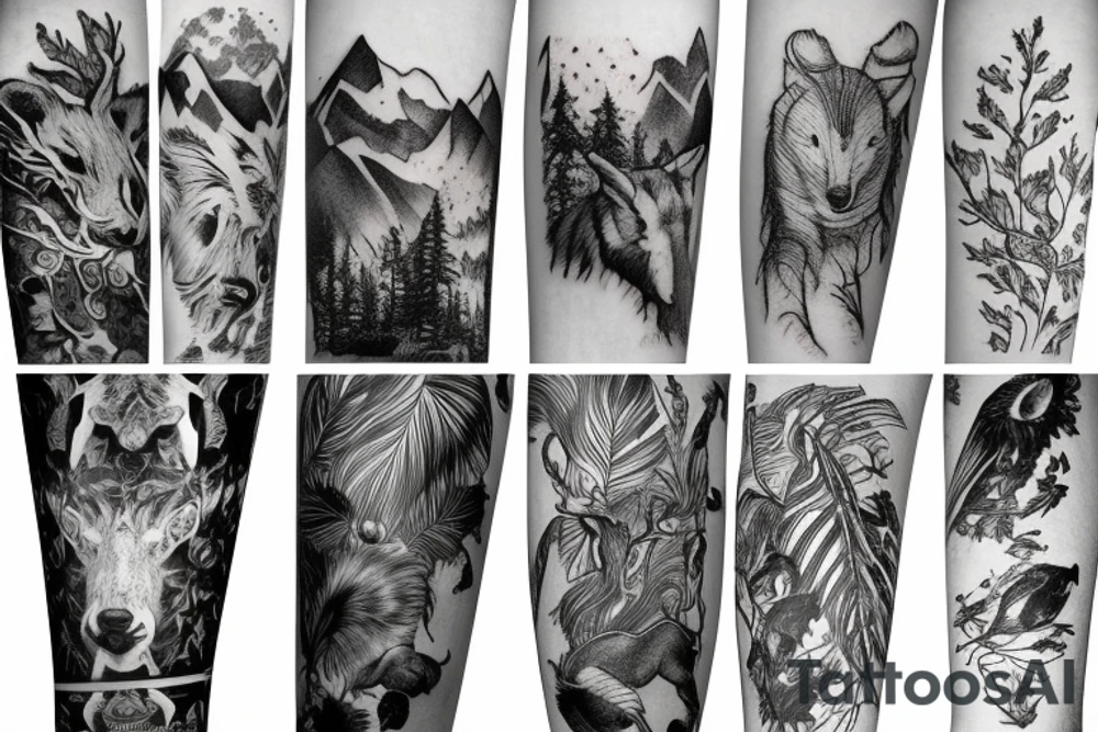Arm with animals, forest, mountains tattoo idea