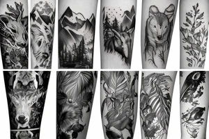 Arm with animals, forest, mountains tattoo idea