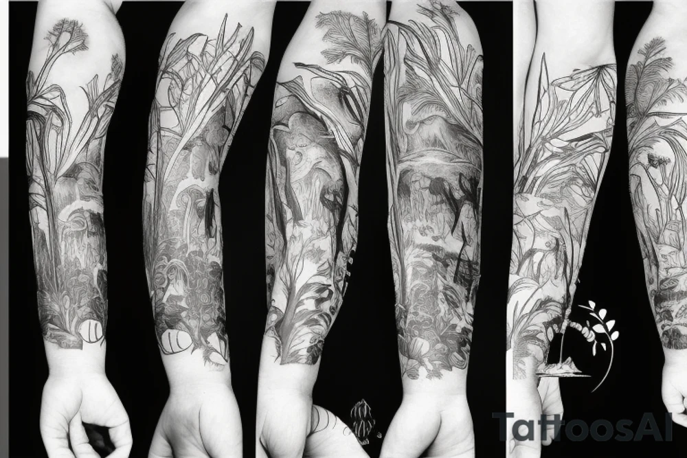Arm with animals, forest, mountains tattoo idea