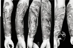 Arm with animals, forest, mountains tattoo idea