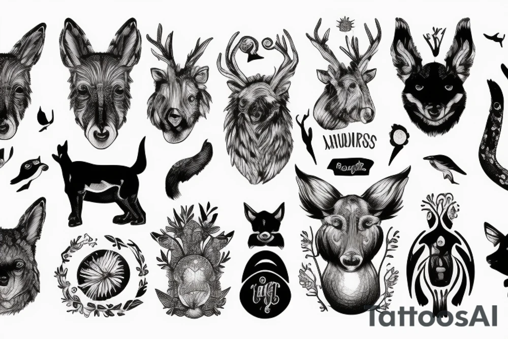 Arm with animals, forest, mountains tattoo idea
