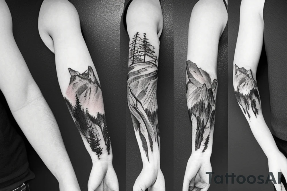 Arm with animals, forest, mountains tattoo idea