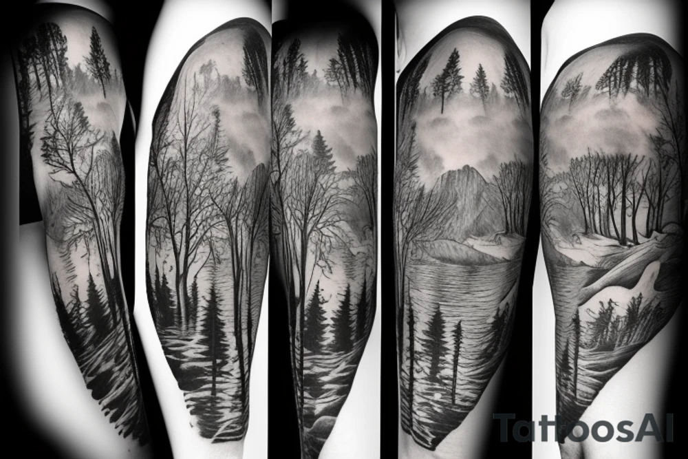 Arm with animals, forest, mountains tattoo idea