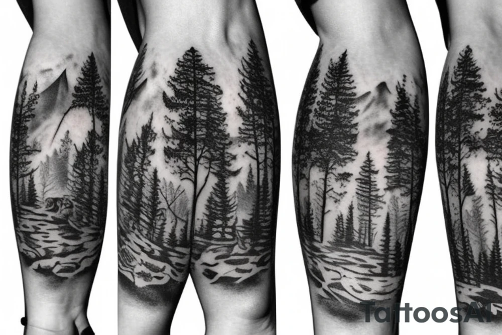 Arm with animals, forest, mountains tattoo idea