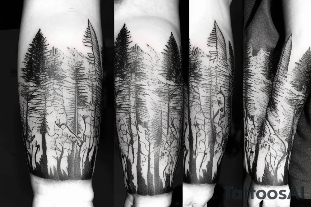 Arm with animals, forest, mountains tattoo idea