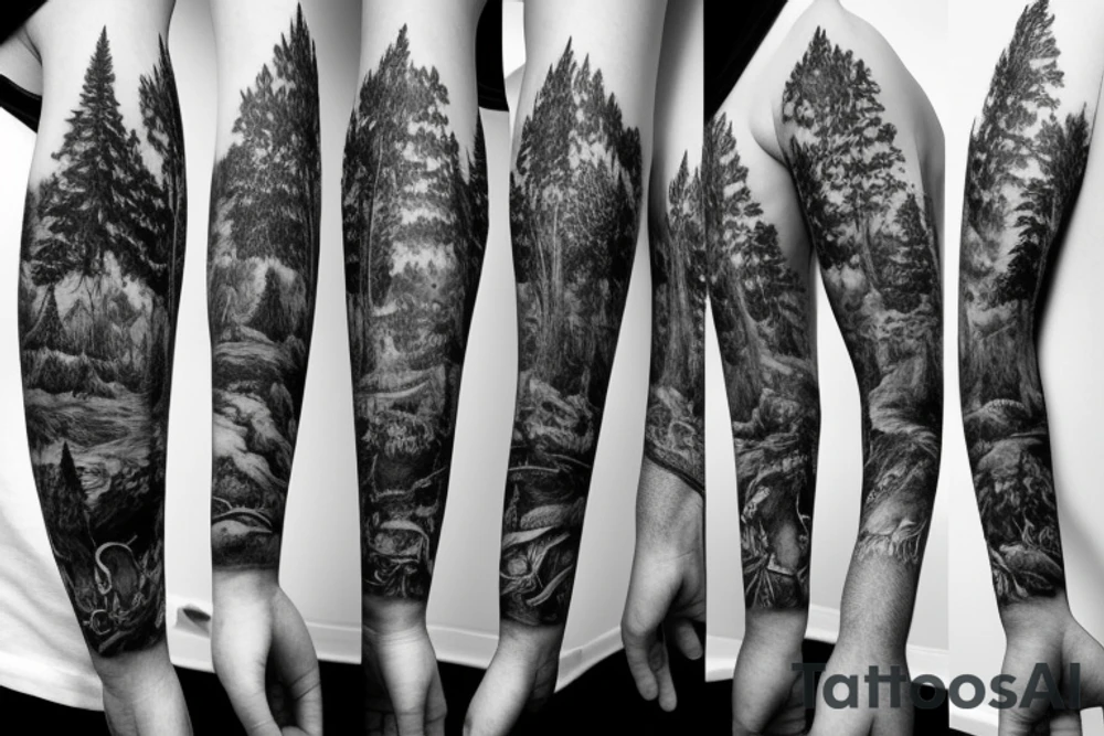 Arm with animals, forest, mountains tattoo idea