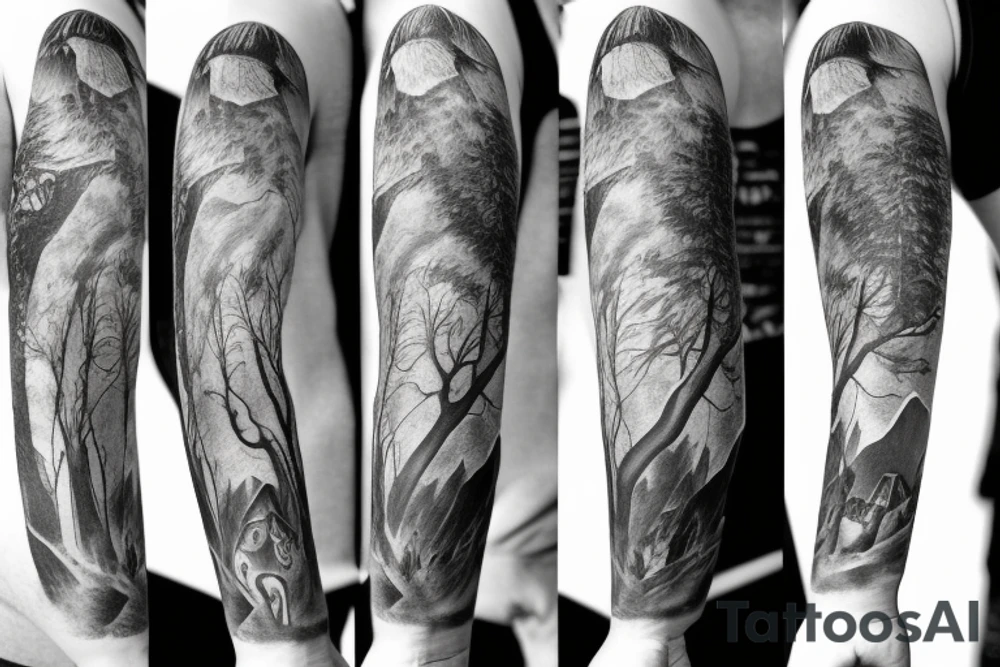 Arm with animals, forest, mountains tattoo idea