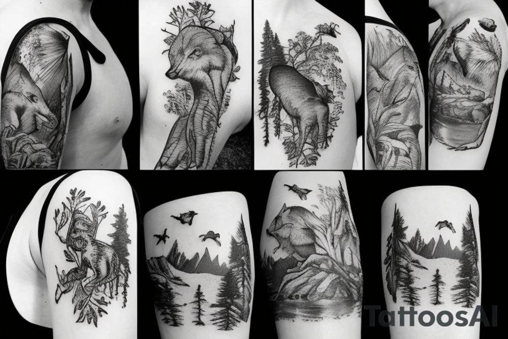Arm with animals, forest, mountains tattoo idea